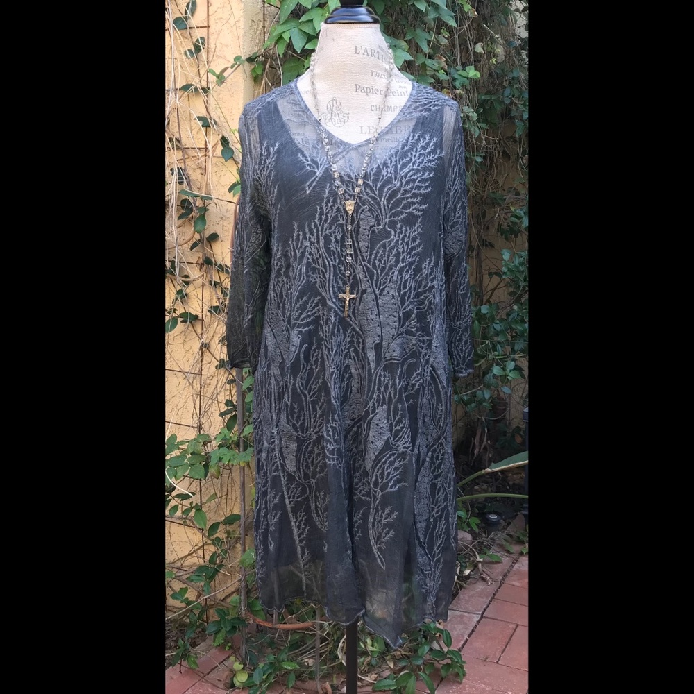 High End Boutique Slate Blue Gray Dress w/ Under-Dress Embroidered Coral Size S - Picture 3 of 16